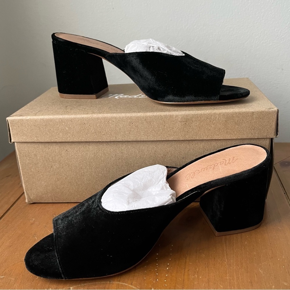 Madewell Women’s Beatriz Trendy Black Velvet Mules Open Toe Block Heel - Picture 1 of 12